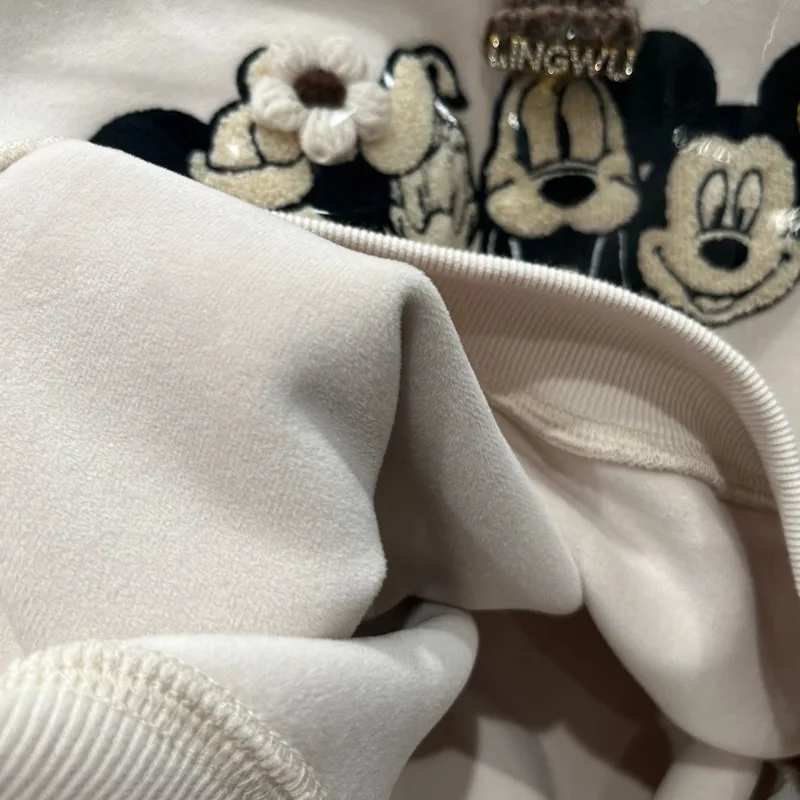 Disney Mickey Plush Sweatshirts Embroidery Anime O-neck Short Pullover Disney Clothes Casual Long Sleeve Sweatshirt For Women