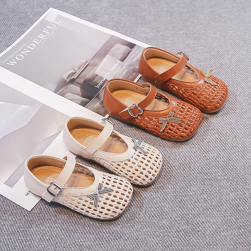 

Girls Sandals Weave Versatile Kids Princess Casual Shoes Flexible Korean Style 2026 Brand New Children Flats Round Toes Non-slip