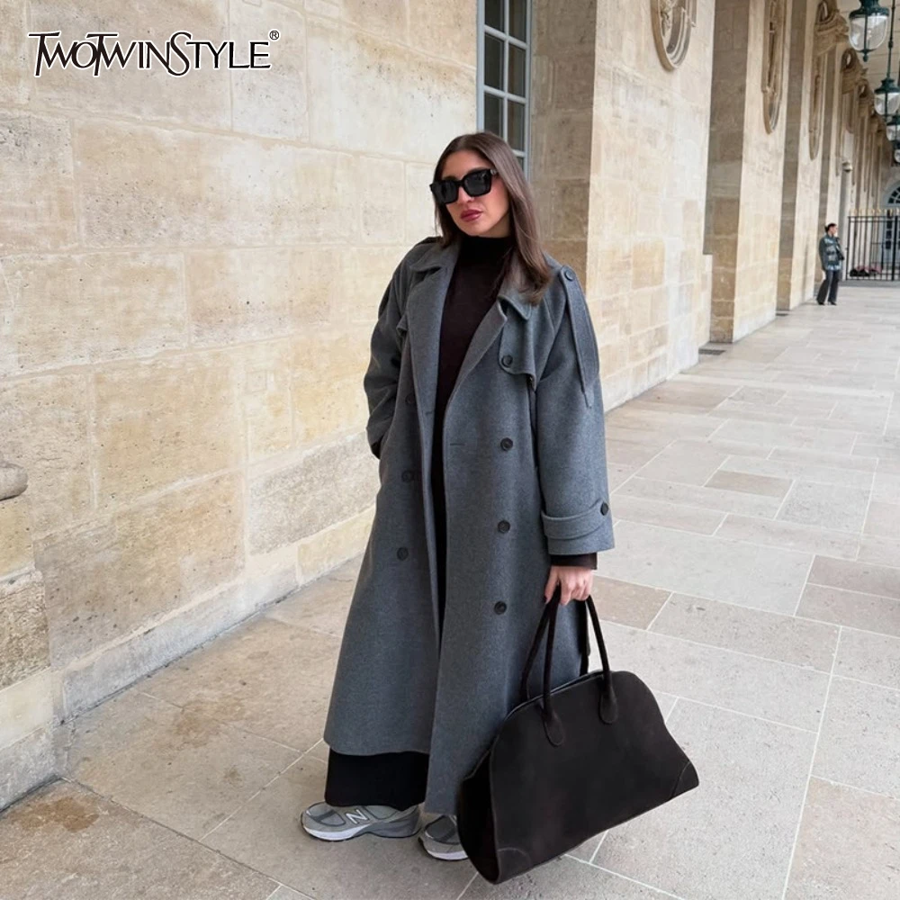 

TWOTWINSTYLE Temperament Long Jackets for Women Lapel Long Sleeve Spliced Double Breasted Fashionable Woolen Coat Female Autumn