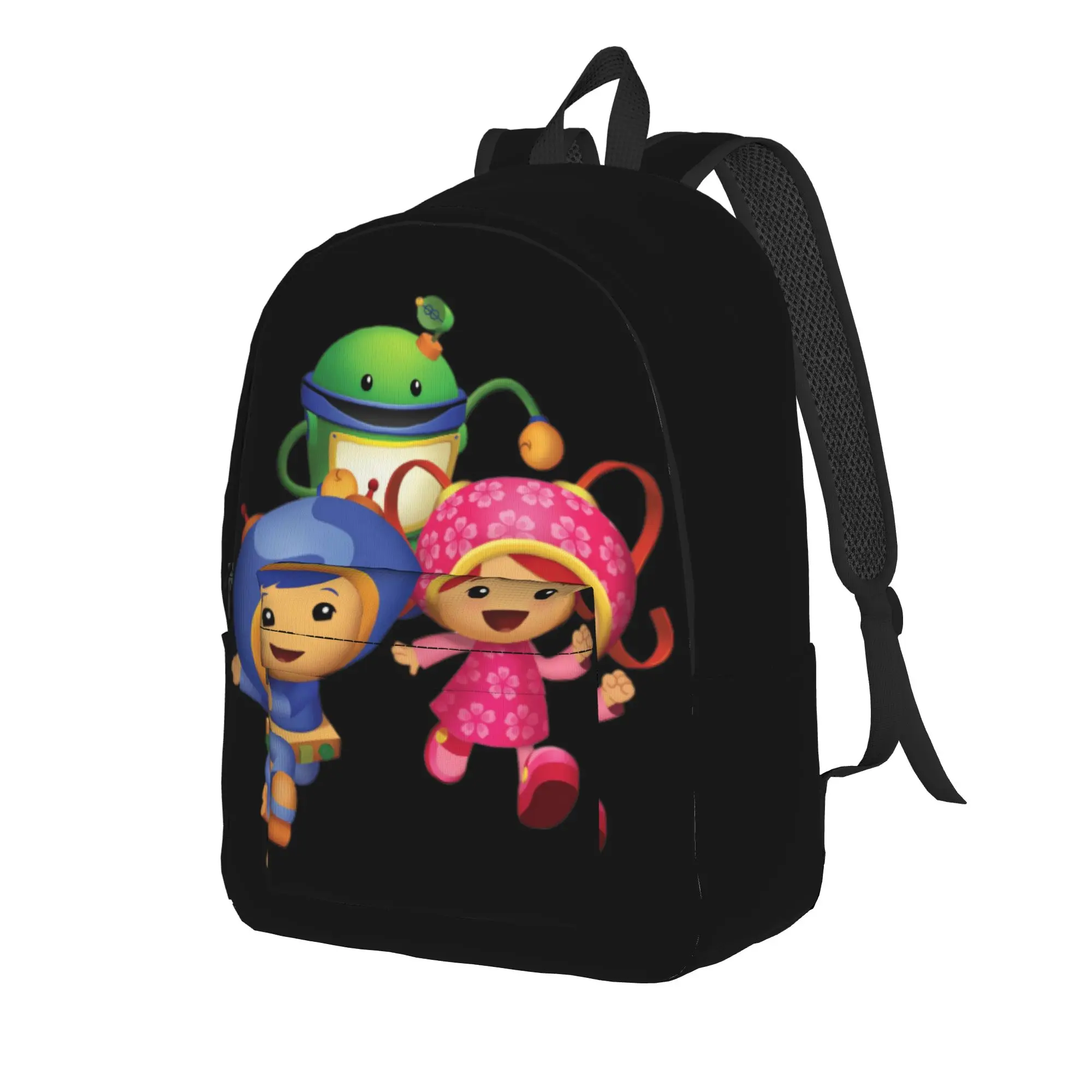 Black Background Team Umizoomi Backpack  Streetwear Backpacks Men Travel Pattern School Bags High Quality Rucksack