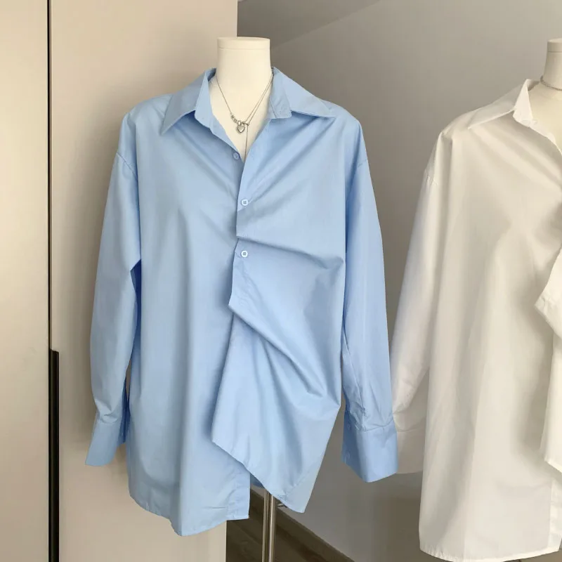 

Y2K Solid Color Asymmetrical Button Tops Korean Fashion Casual Commuter For Women Folds Shirt 2023 Blusas