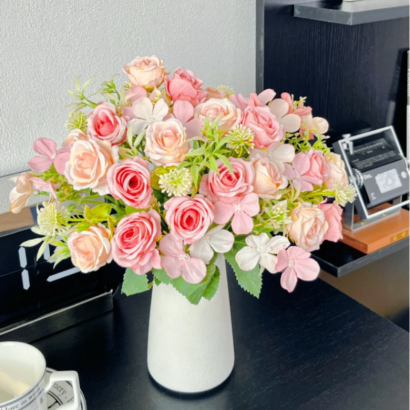 

Artificial Flowers Bouquet White Red Rose Eucalyptus Leaves Wedding Decoration Peony Fake Flower For Party Home Decor Outdoor