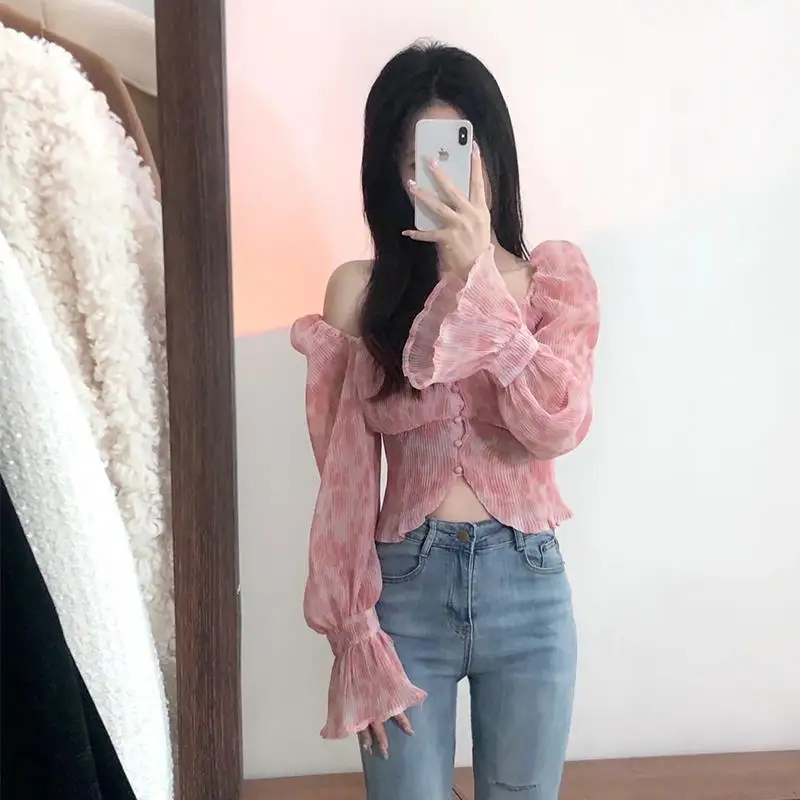 Clothing Chiffon Women\'s Shirts and Blouses Frill Top for Woman Pink Ruffle Off Shoulder Crop Trend 2024 Cool Fashion Y2k Tunic