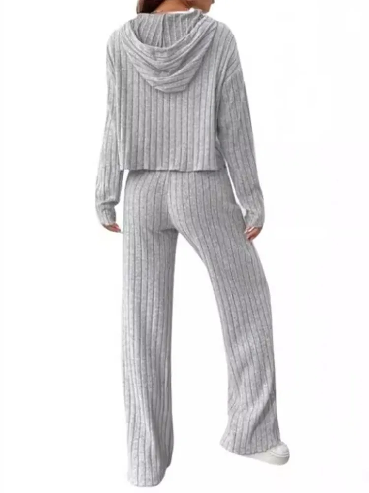 Spring Autumn Women\'s New Solid Color Casual Knitted Striped Hooded Sweatshirt Loose Long Sleeved Long Pants Two-piece Set