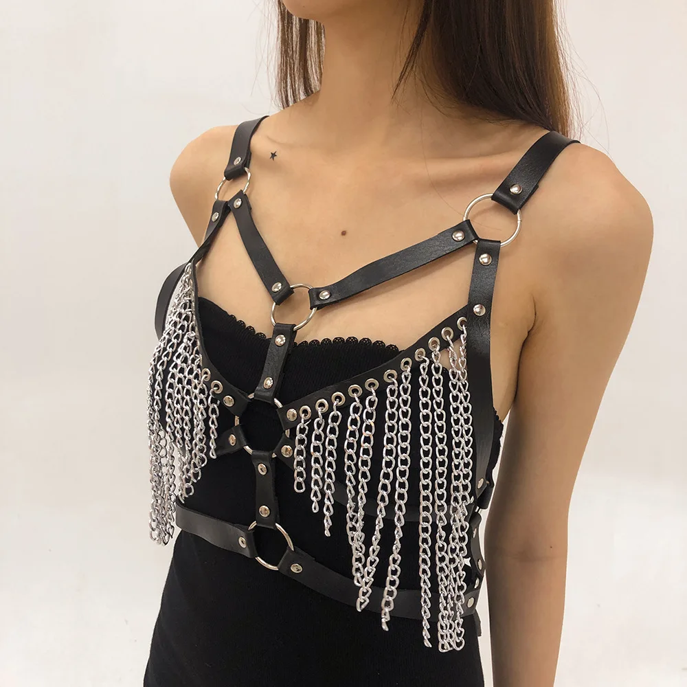 Wholesale PU Chain Tassel Rock Body Chain  Sexy Hot Bondage Drawstring Bra Accessories Female Women Beach Summer Body Jewelry