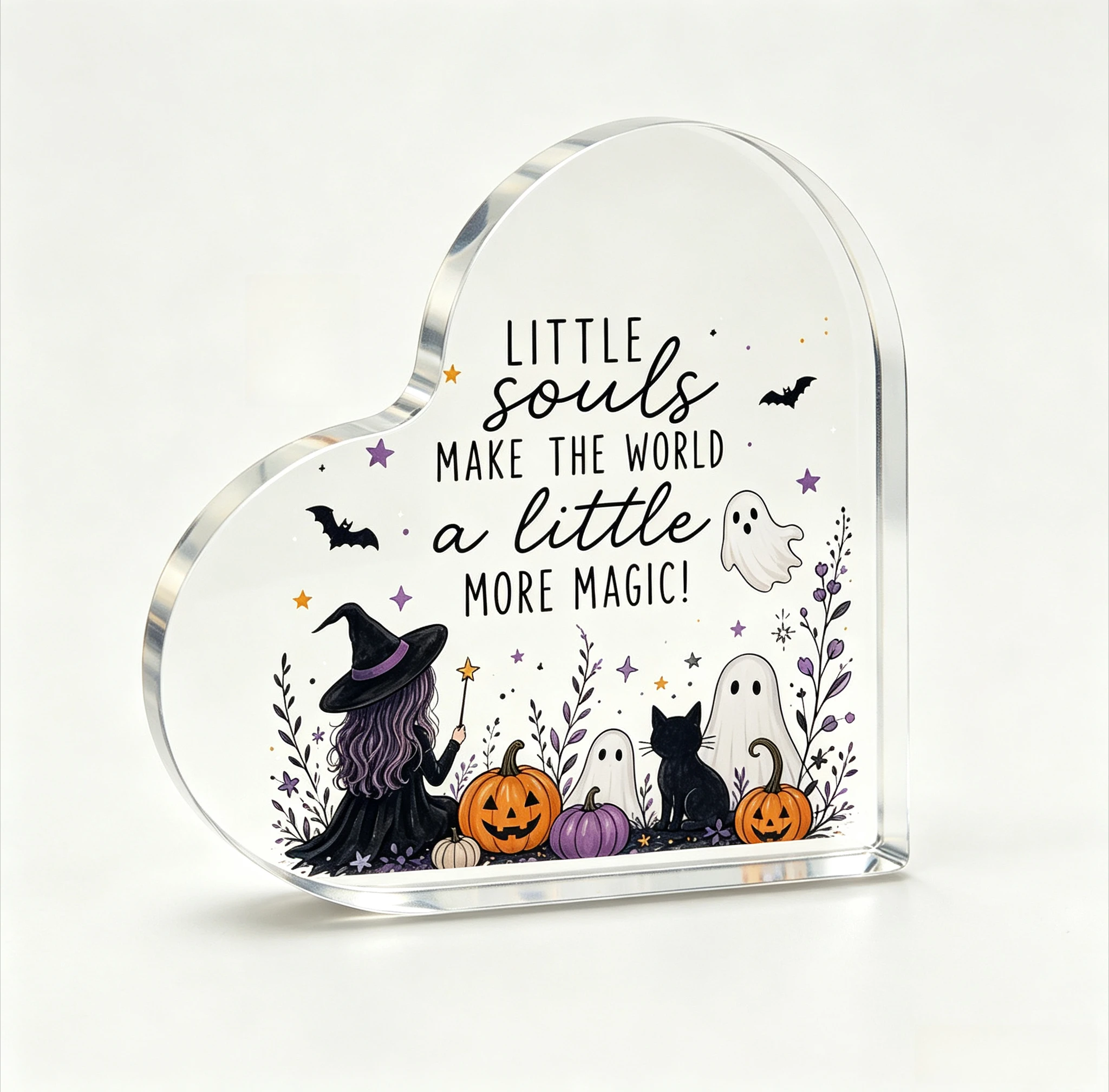 Cute Witch Pumpkin Ghost Clear Acrylic Heart Sign, Spooky‑Season Tabletop Ornament,Purple Floral Bat Heart Desktop Plaque, Whimsical Halloween Home Keepsake Gift