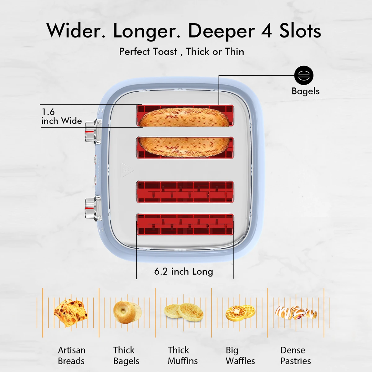 4-Scheiben-Toaster, 1,5 Zoll extra breite Edelstahlschlüsse, zwei Steuerungen, abnehmbares Krümelschale, 6 Farbfassungen, blau