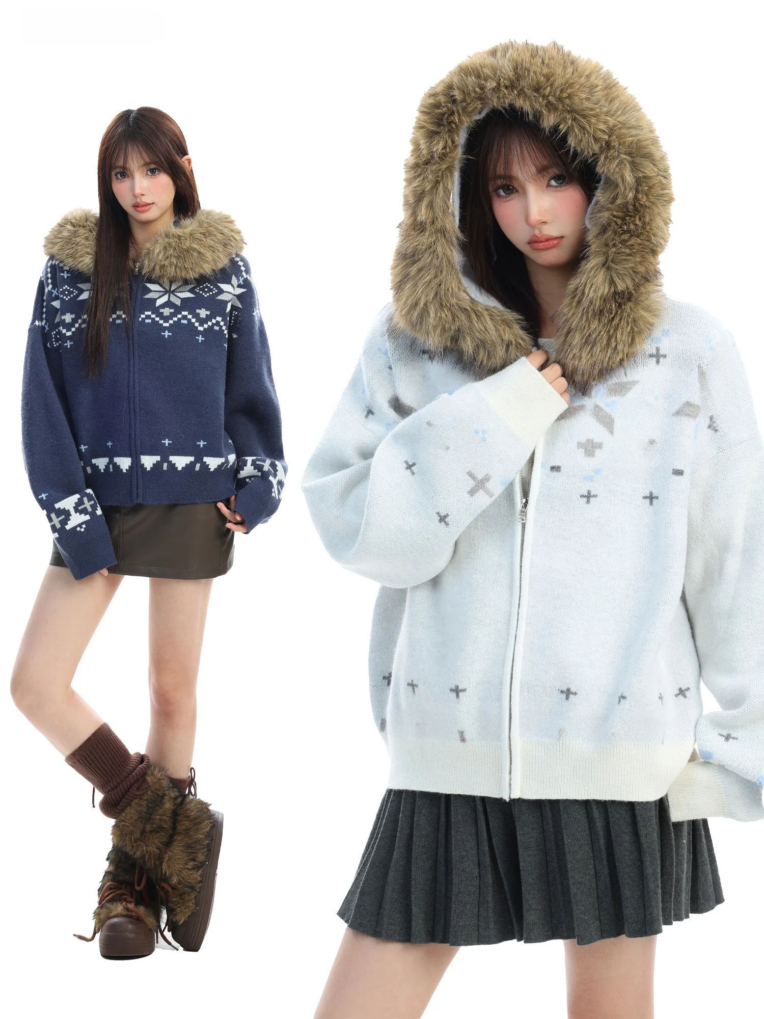 

Faux Fur Collar Hooded Cotton Jaet Women's Winter Thiened Fce Lined Couples Coats Retro Sle Knitted Zipper Closure