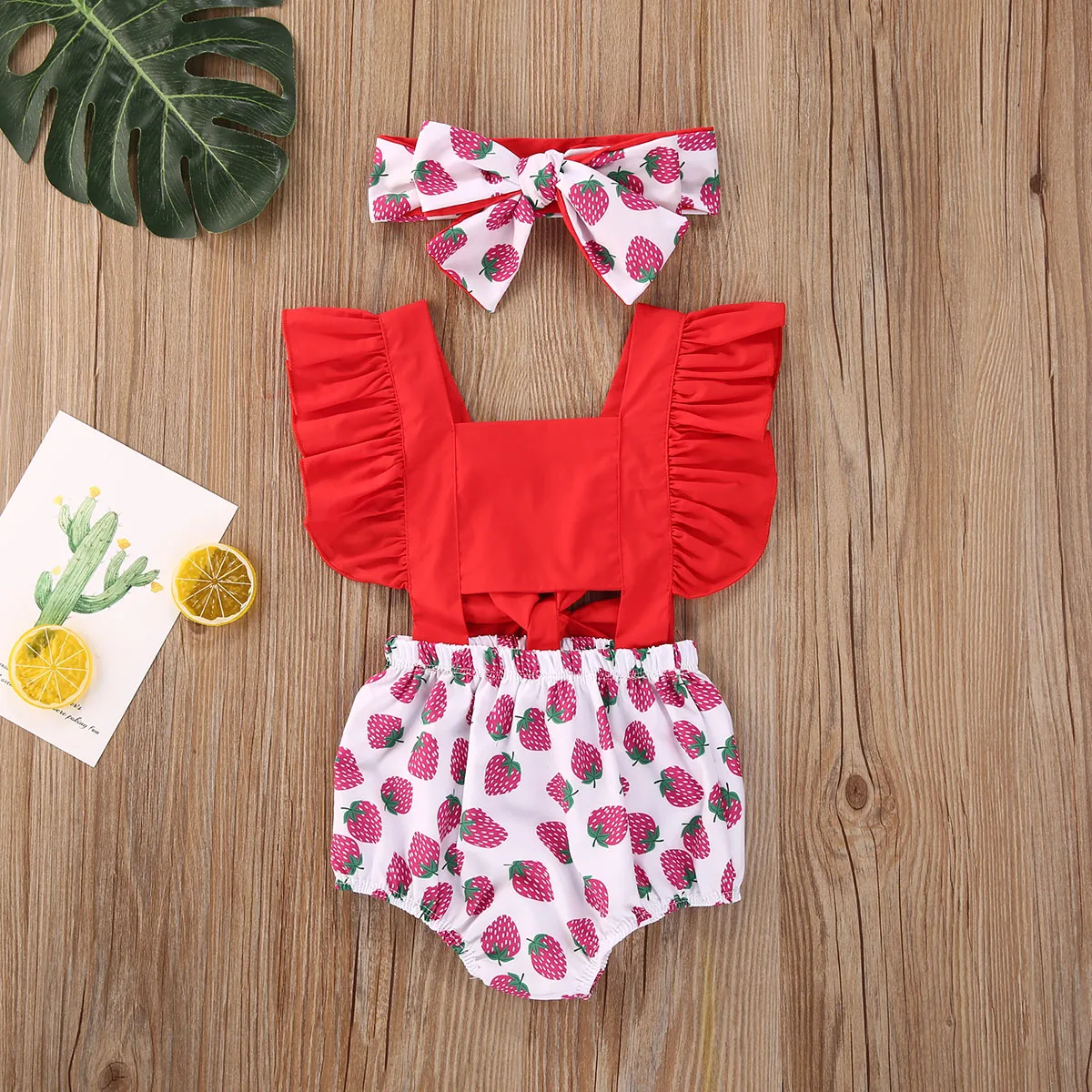 Summer Newborn Girls Sleeveless Rompers Ruffle Cotton Fruit Print Jumpsuits Headband Outfits Sunsuit Baby Clothing