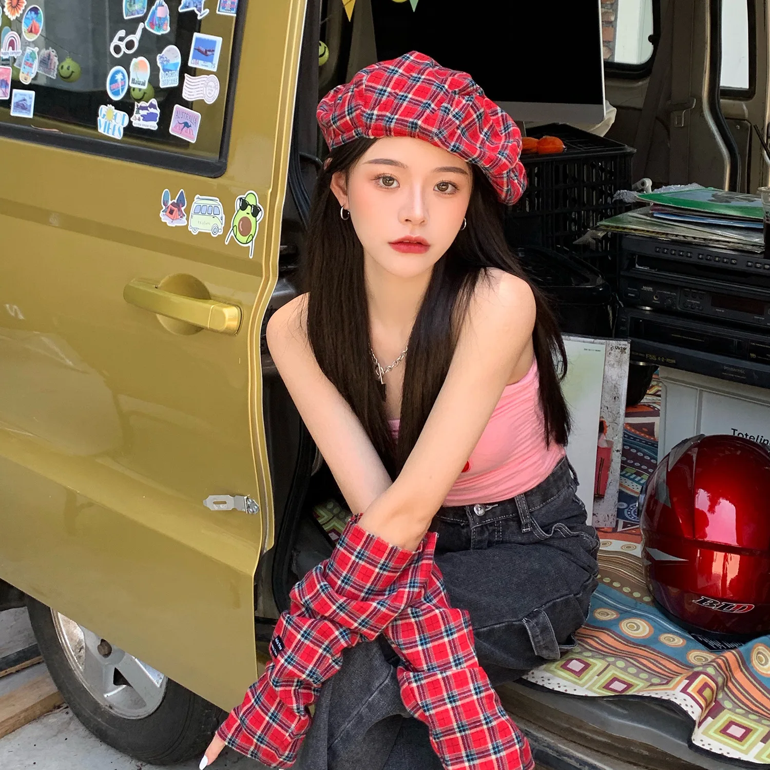 Korean New Style Red Plaid Beret Female Spring and Autumn Niche Cloud Hat Ins Jellyfish Hat Summer