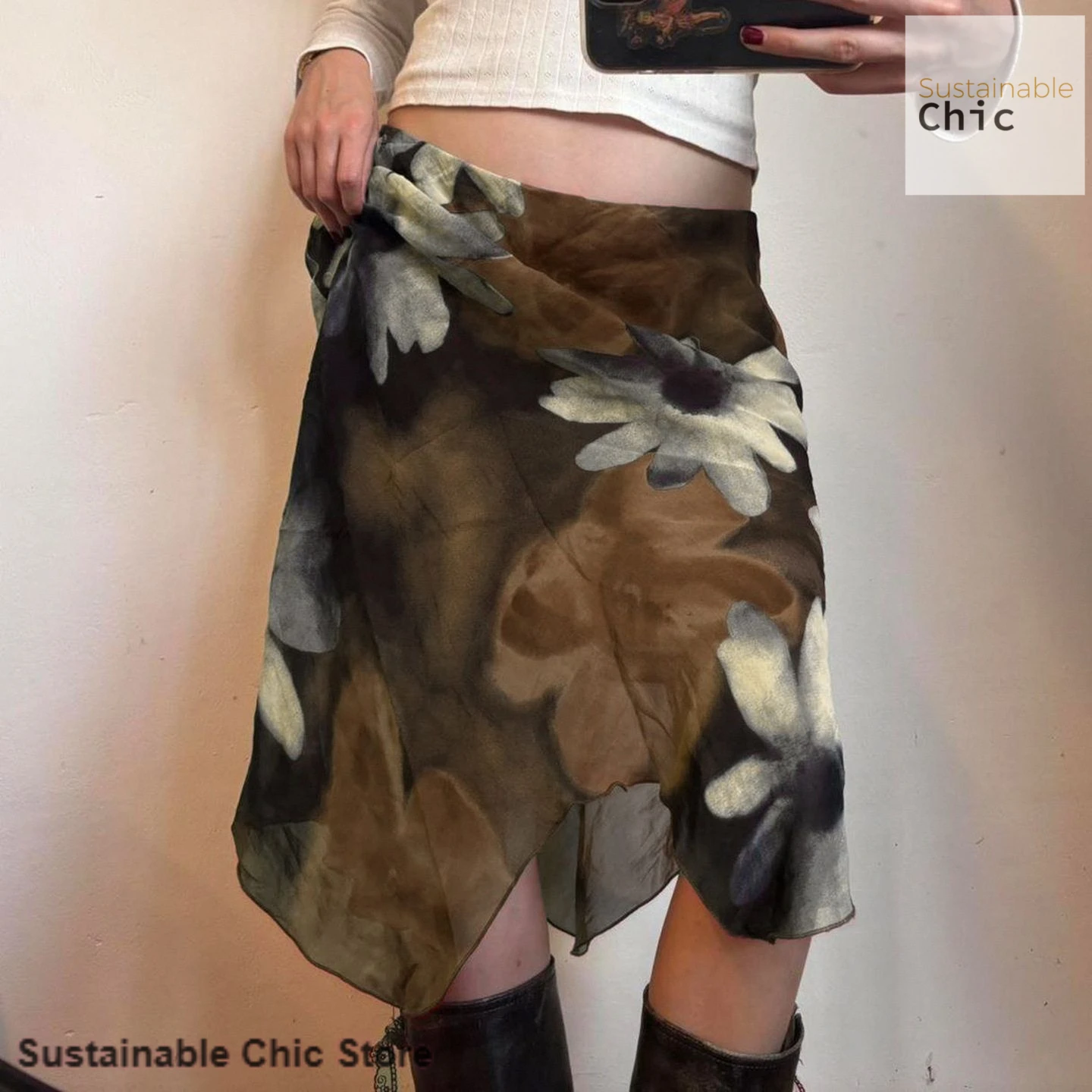 American retro flower printing mesh stitching irregular skirt female summer new fashion holiday style slim low waist overskirt