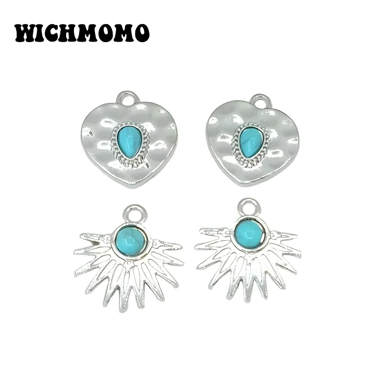 Nuevo 10 unids/bolsa de aleación de Zinc con incrustaciones de cuentas azules, colgantes de abanico de corazón para pendientes DIY, collar, accesorios de joyería