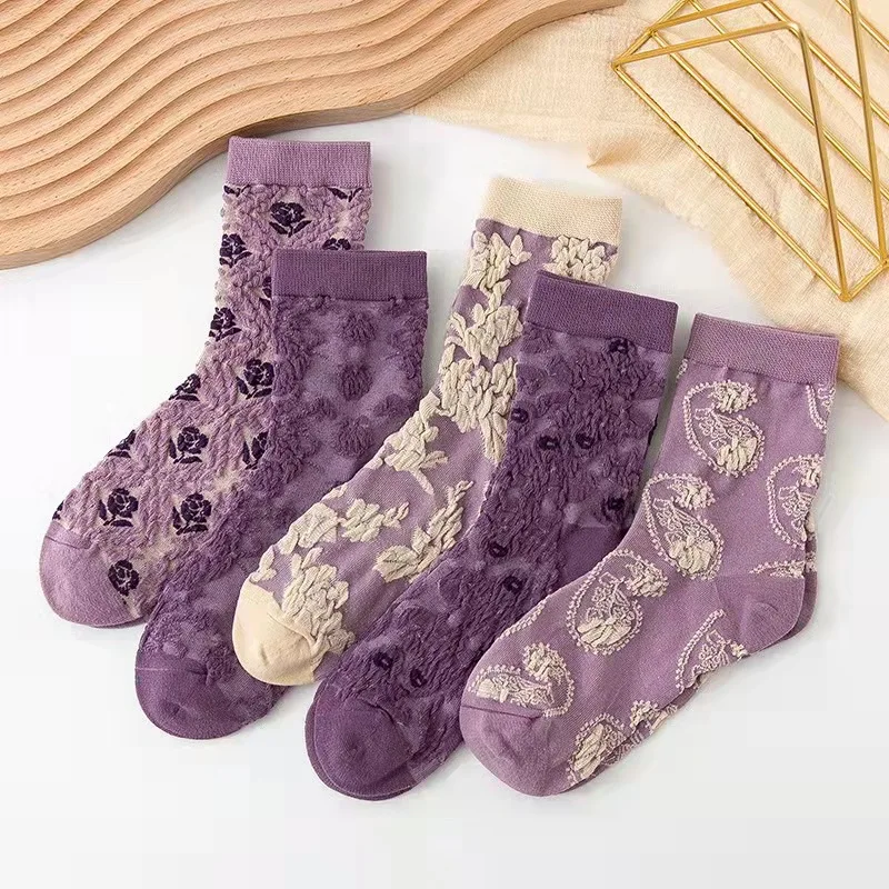 5 Pairs Cotton Women\'s Spring Autumn Casual Breathable Cute Three-dimensional Flowers Embossed Pink Mid-calf Socks