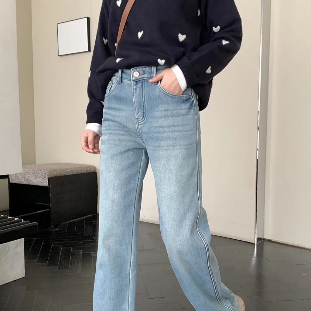Jasnoniebieskie jeansy z polarową podszewką, wąskie, proste, luźne spodnie na jesień i zimę F120109, szerokie nogawki, moda damska.