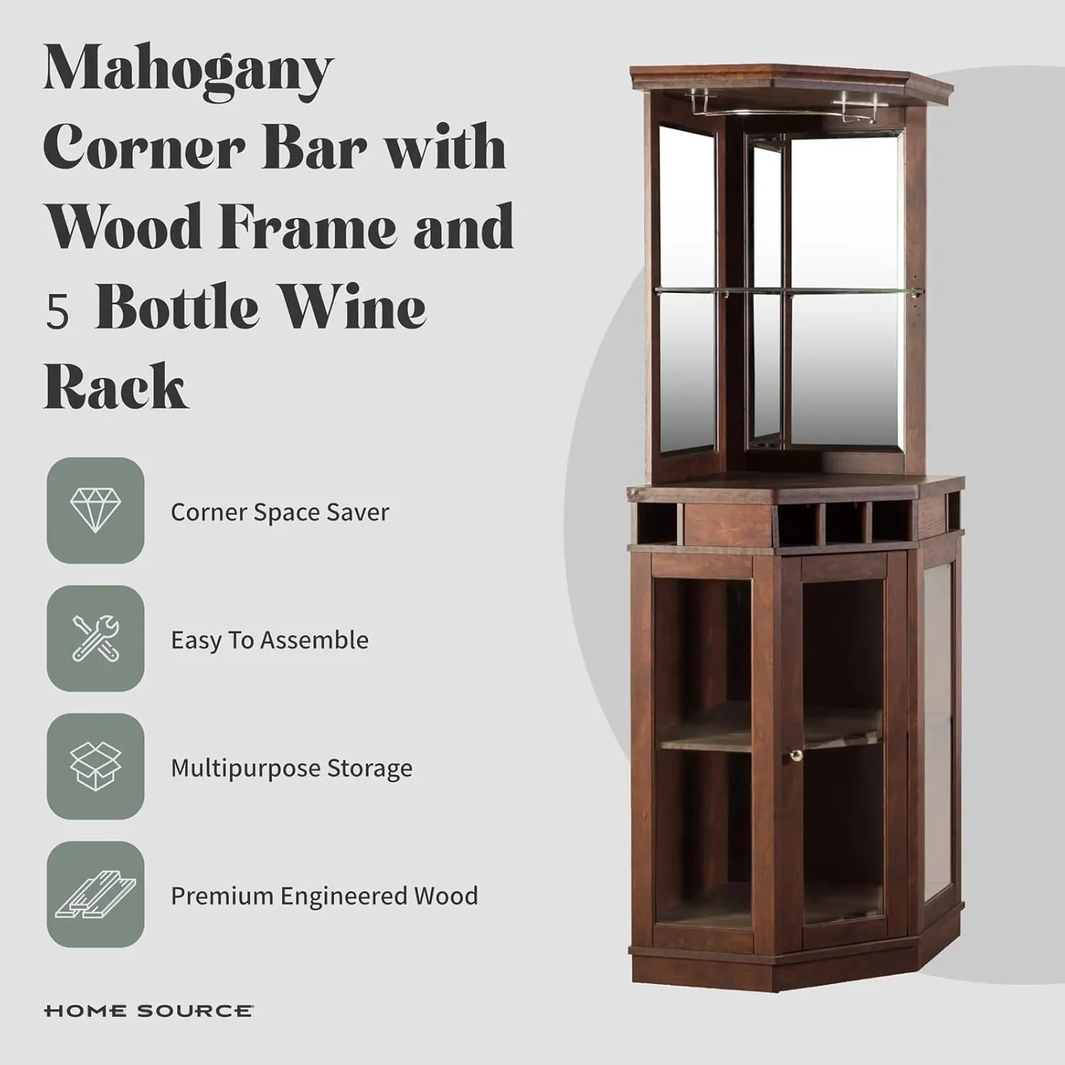 Home Source Corner Bar Unit 73" Charcoal with Two Glass Shelves, Built-in Wine Rack, Storage Living, Home Office, Kitchen