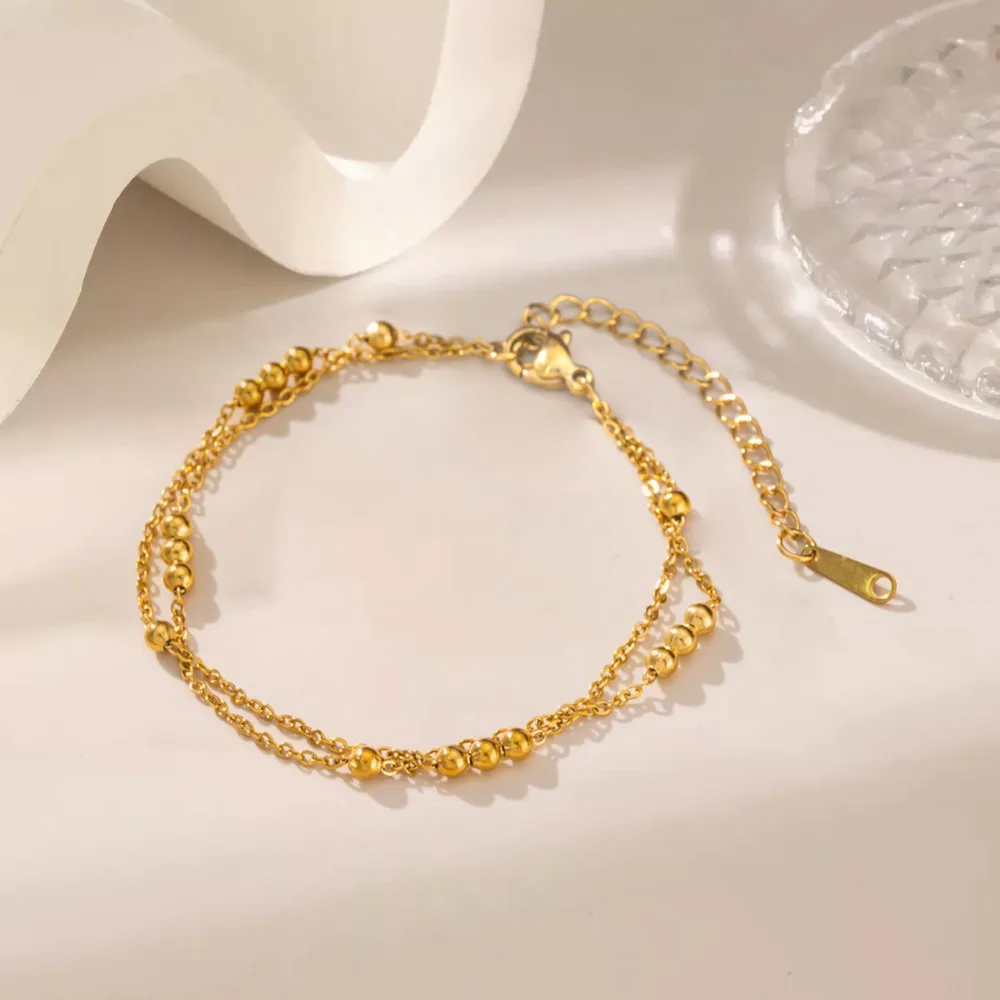 18K Gold Plated Double Layer Transfer Bead Bracelet for Women, Stainless Steel Minimalist Ins Niche Luxury Jewelry