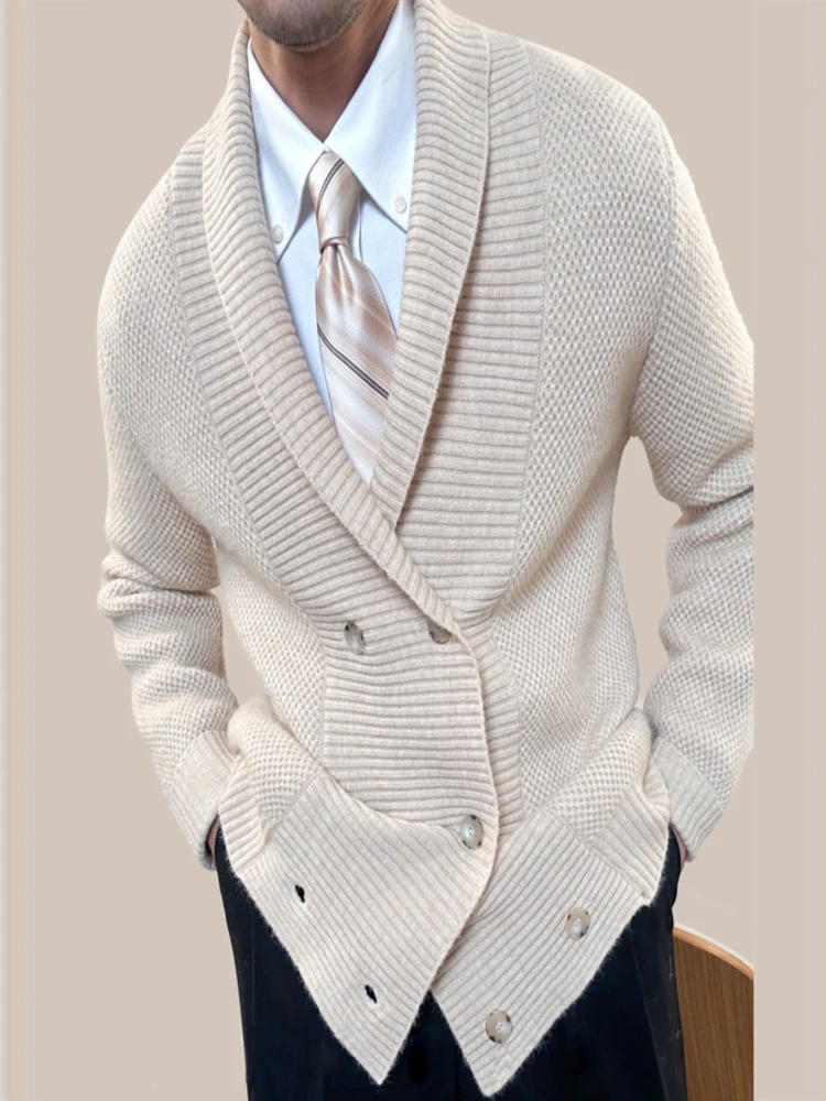 

High Quality Double Breasted Sweater Warm Solid Color Male Knitting Cardigan Men Winter Long Sleeve Homme Coat