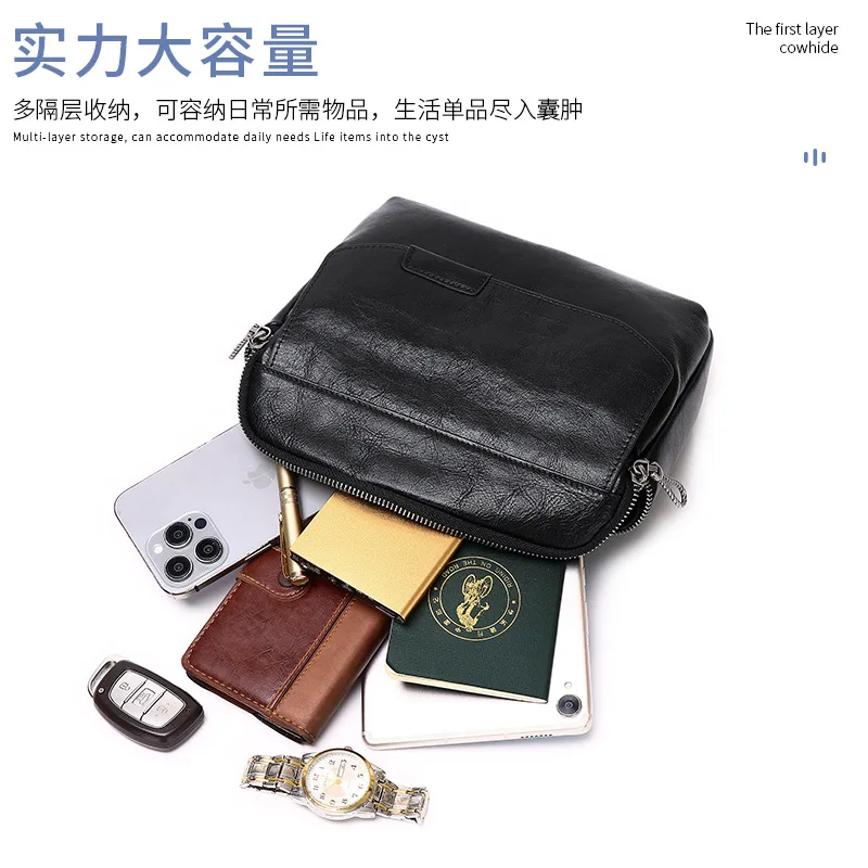 Brust-High-End-Umhängetasche aus echtem Leder in Schwarz, trendige Mode, japanischer Stil, pflanzlich gegerbtes Rindsleder, Herren-Umhängetasche