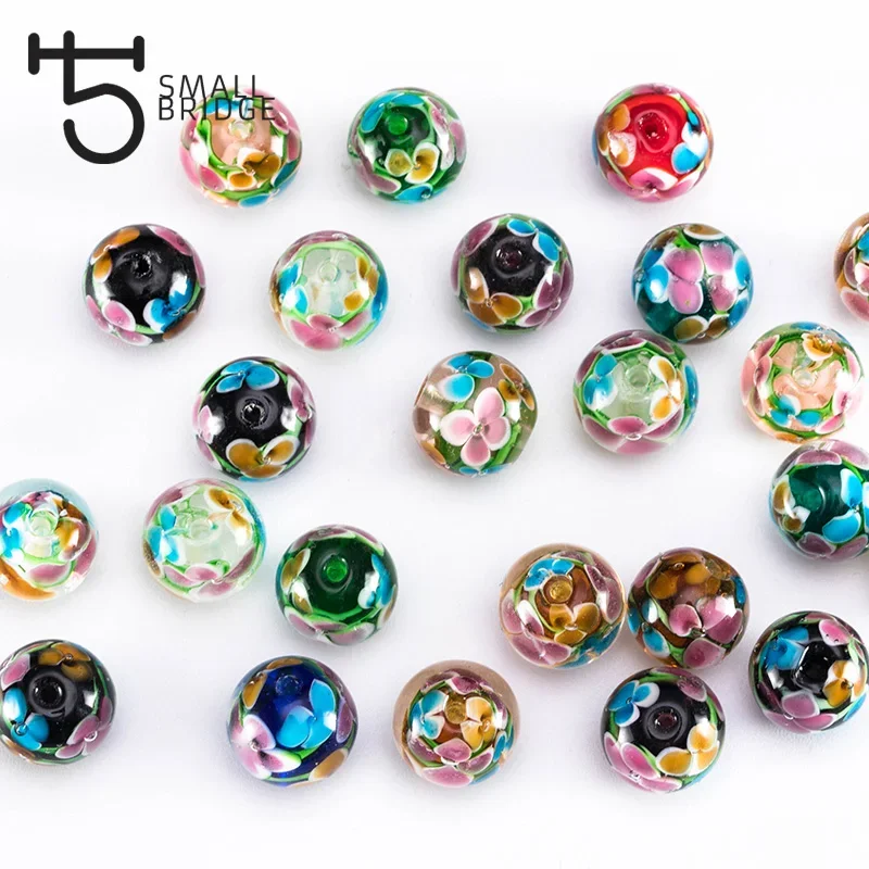 12mm Murano Handmade Lampwork Glass Beads Women\'s Jewelry Making Diy Beads Flower Transparent Round Beads Wholesale L201