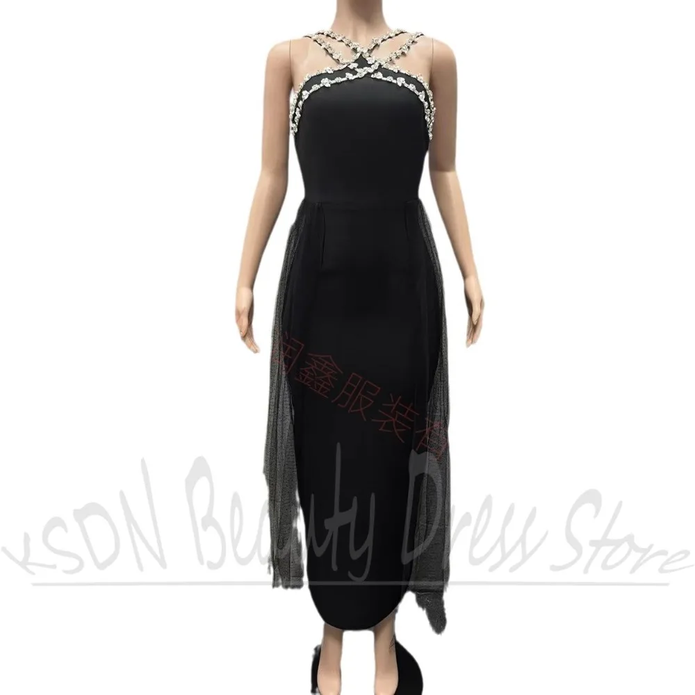 Eleganckie sukienki damskie kryształy Halter proste suknie wieczorowe czarne nowe modne proste sukienki bez rękawów do podłogi