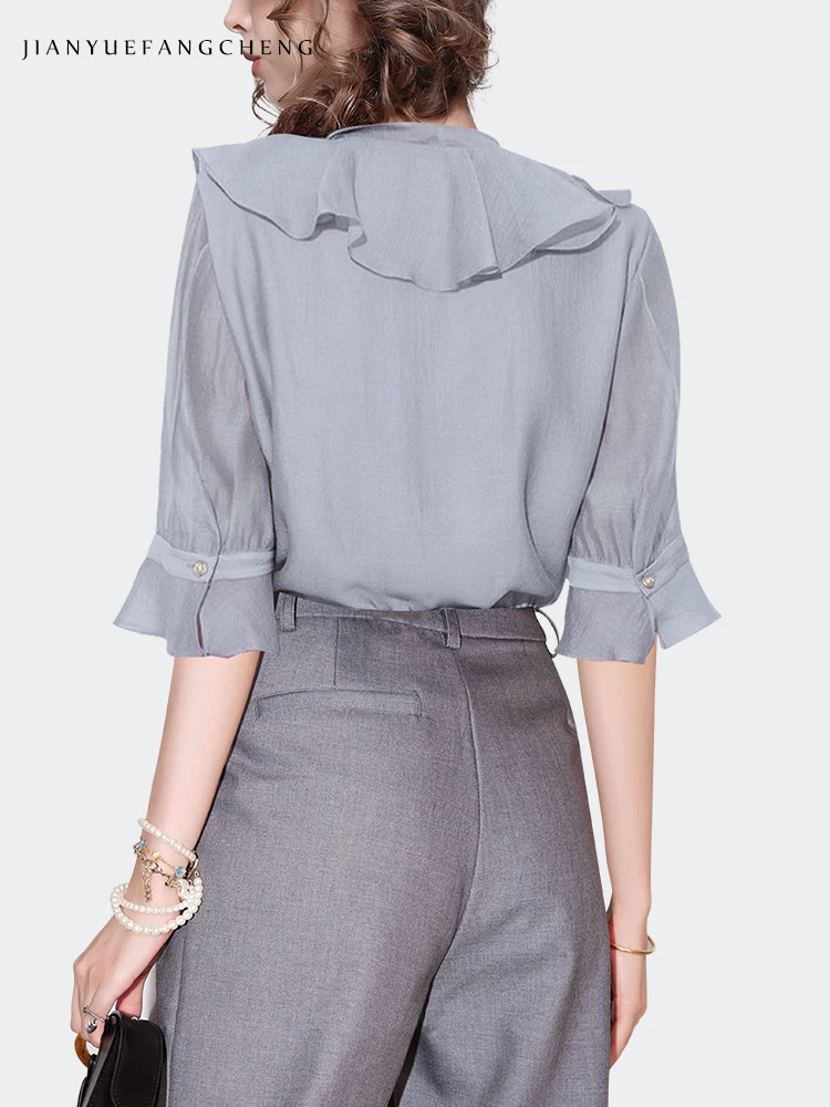 2024 Summer Grey Ruffle Chiffon Top for Women Flared Sleeve Loose Plus Size Button-down Shirts Elegant Slim Office Woman Blouses