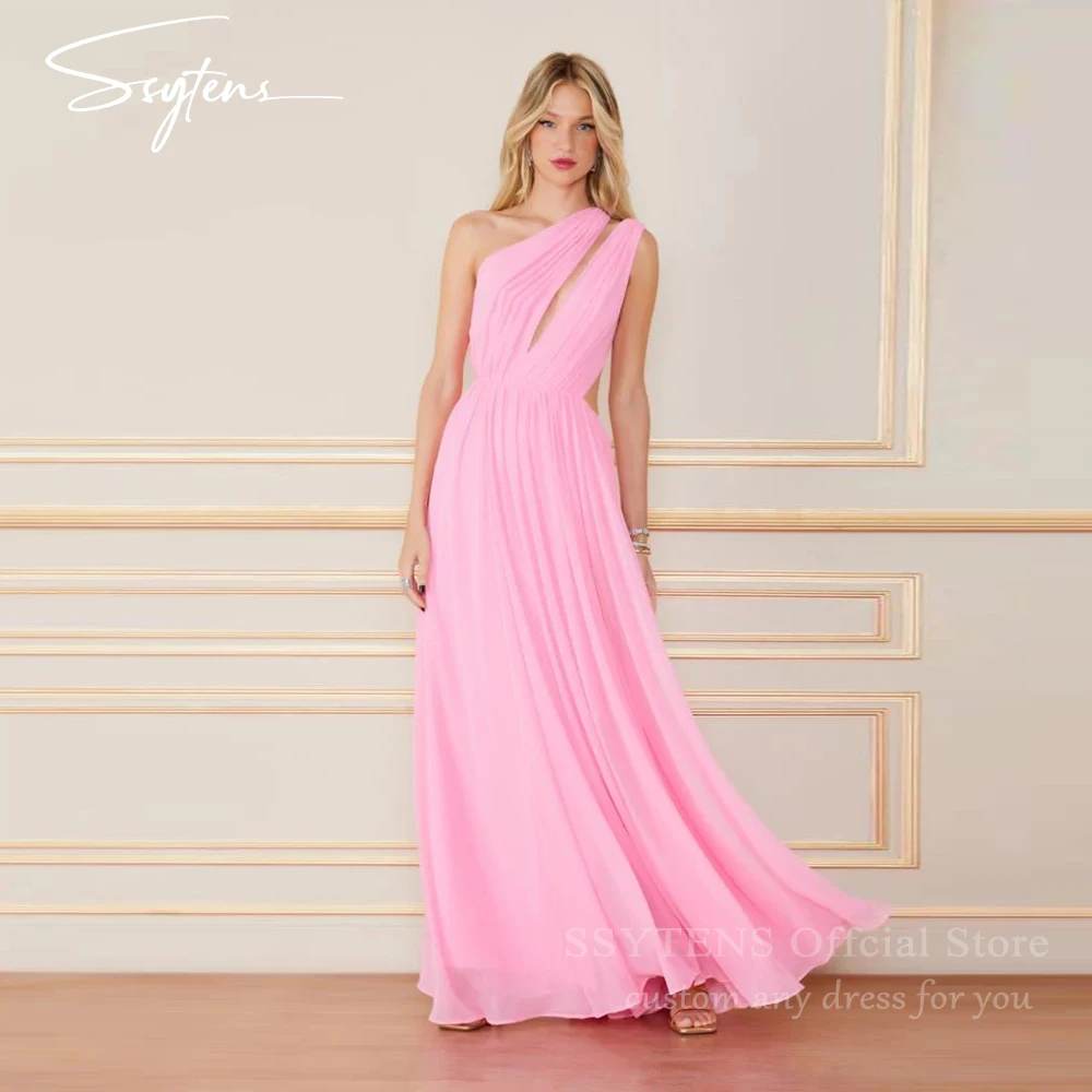 

SSYTENS Elegant Pink Chiffon Evening Dresses One Shoulder Beach Prom Dresses Floor Length Wedding Guest Prom Gowns Customized
