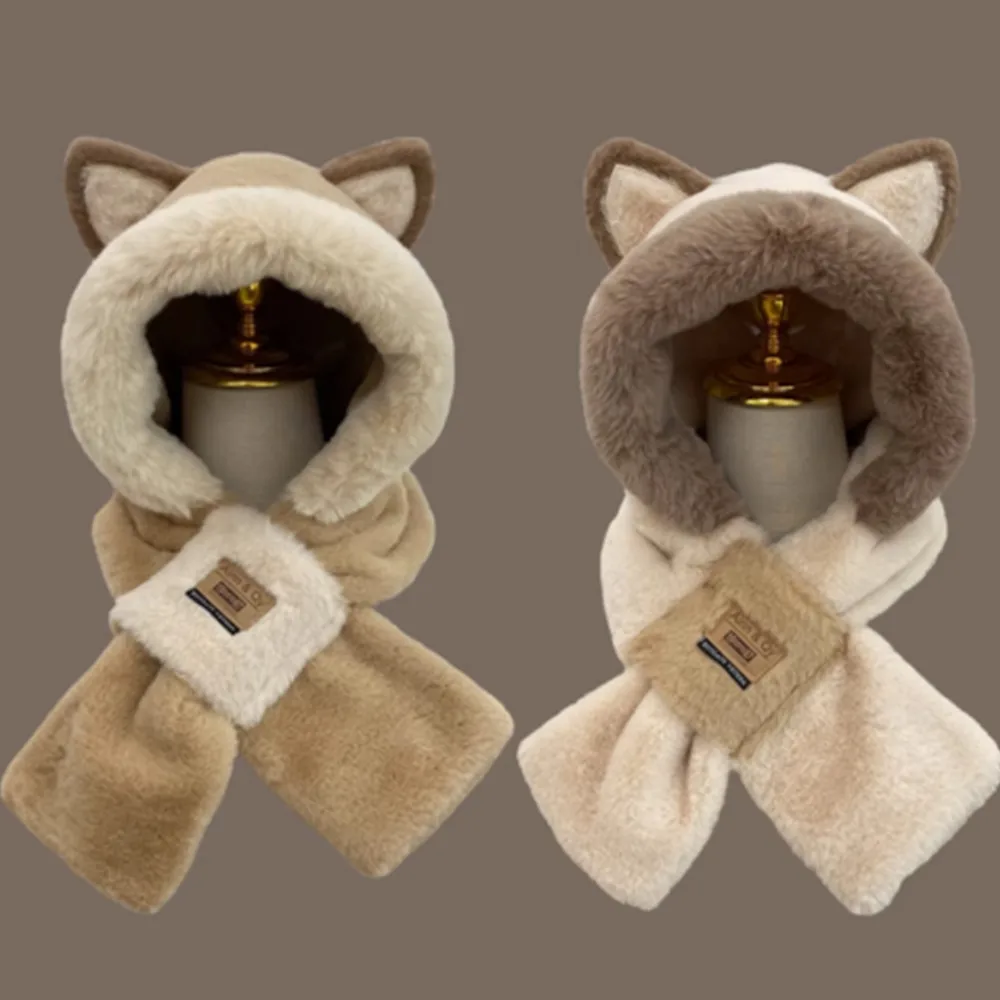 Winter Versatile Cute Plush Cap Warm Thickened Anti-freezing Windproof Hooded Scarf Cute Fluffy Hat Women Hat Scarf All-In-One