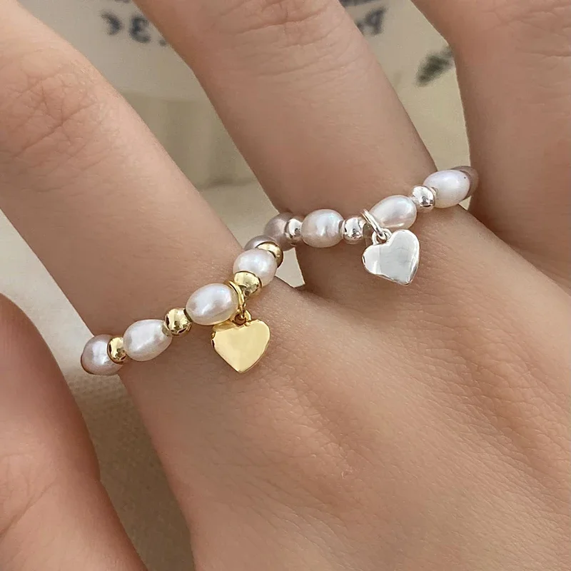 PONYKISS 925 Sterling Silver Freshwater Pearls Heart Bead Rings for Women Trendy Fine Jewelry Minimalist Adjustable Accessories