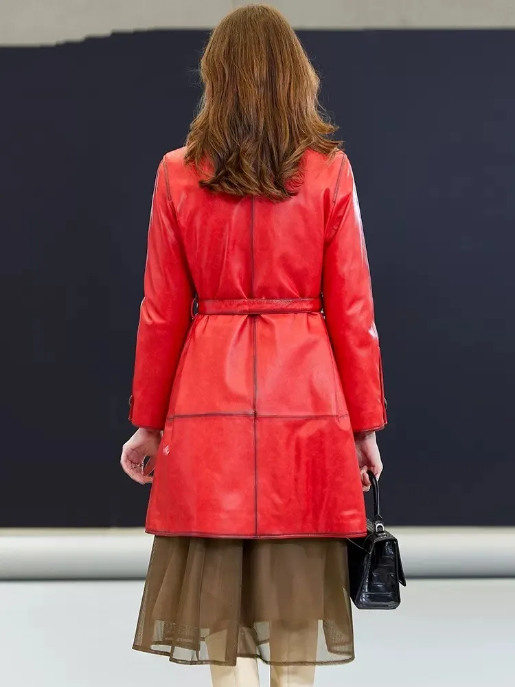 Winter Frauen Warme Echtes Leder Unten Jacke Nerz Pelz Kragen Weiche Schaffell Langen Mantel Mit Gürtel Slim Fit OL Arbeit Graben Mäntel