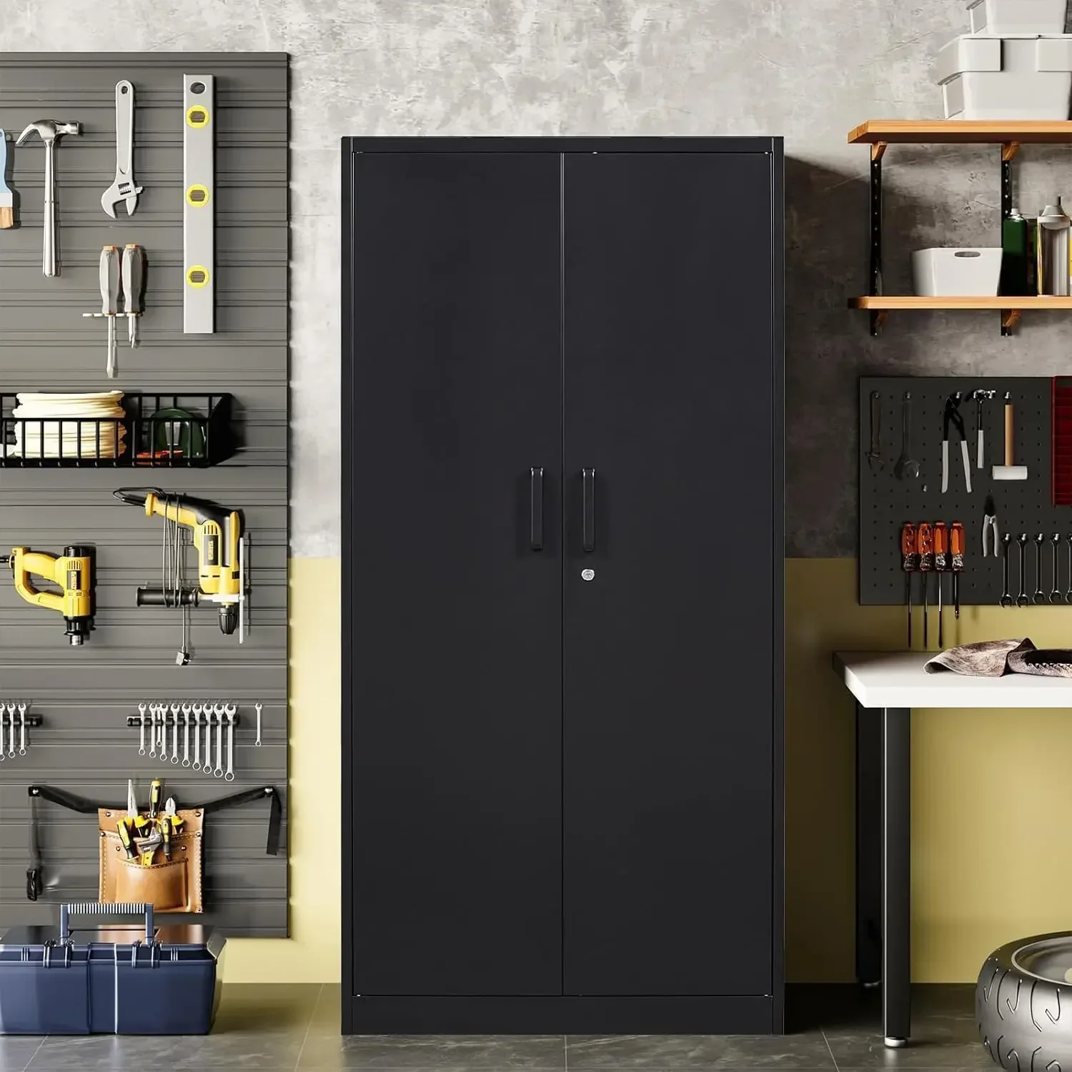 Garage Storage Cabinet with 2 Lockable Doors, 5 Adjustable Shelves Metal Storage Cabinet, Kitchen Pantry Storage Cabinet, Black image 5