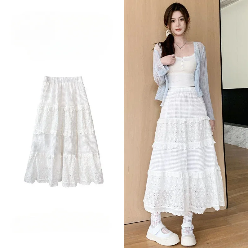 

White Skirt Women Spring and Autumn New High-waisted A-line Ballet Long Lace Cake Casual Culottes for Women