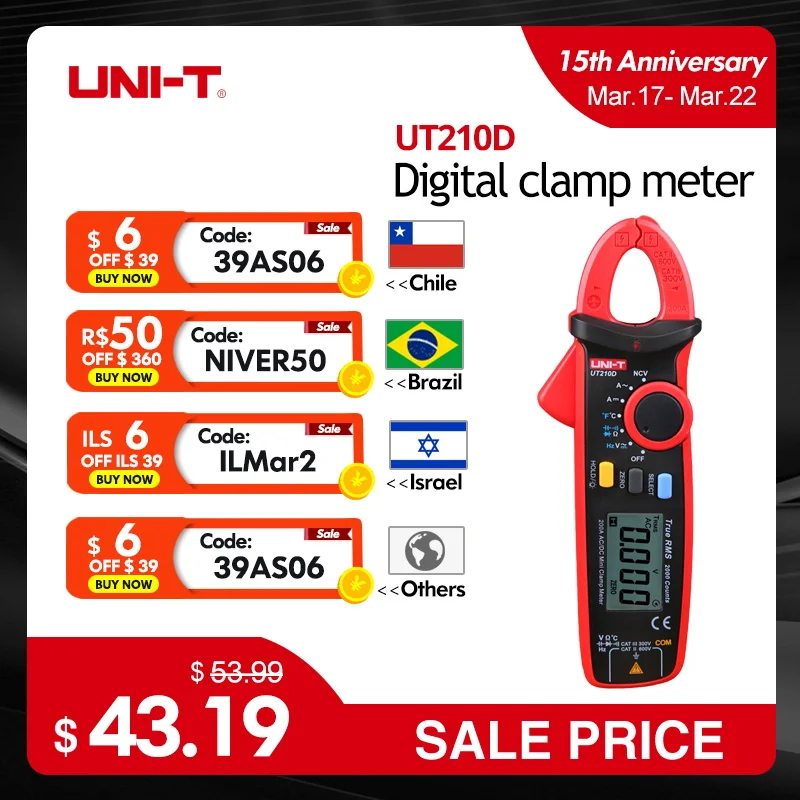 UNI-T Stroomtang Digitale UT210E UT210D Wisselstroom Mini Stroomtang Multimeter True RMS Tang Ampèremeter UT210C Auto Range