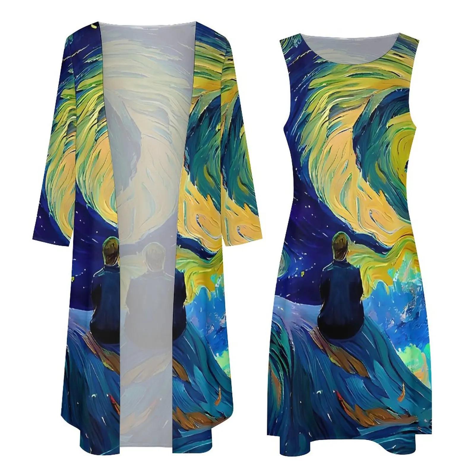 Abito Van Gogh Notte stellata astratta Abito lungo elegante Streetwear Boho Beach Abiti lunghi Abiti grafici in due pezzi autunnali