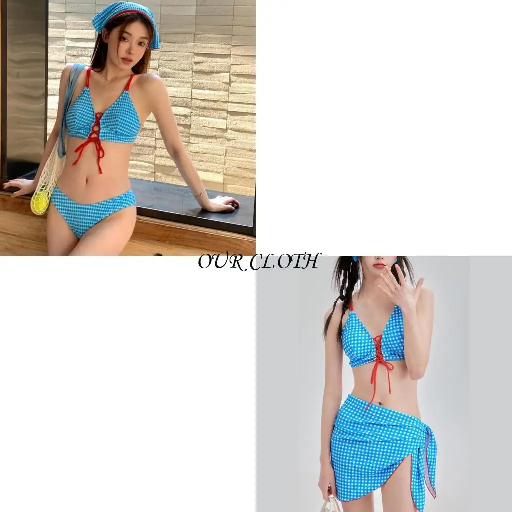 

Women Blue Plaids Swimsuit 4 Pcs Split Bathing Suit with Bandanas and Cover Up Push Up Swimwear Swimming Costume Set Y1AC