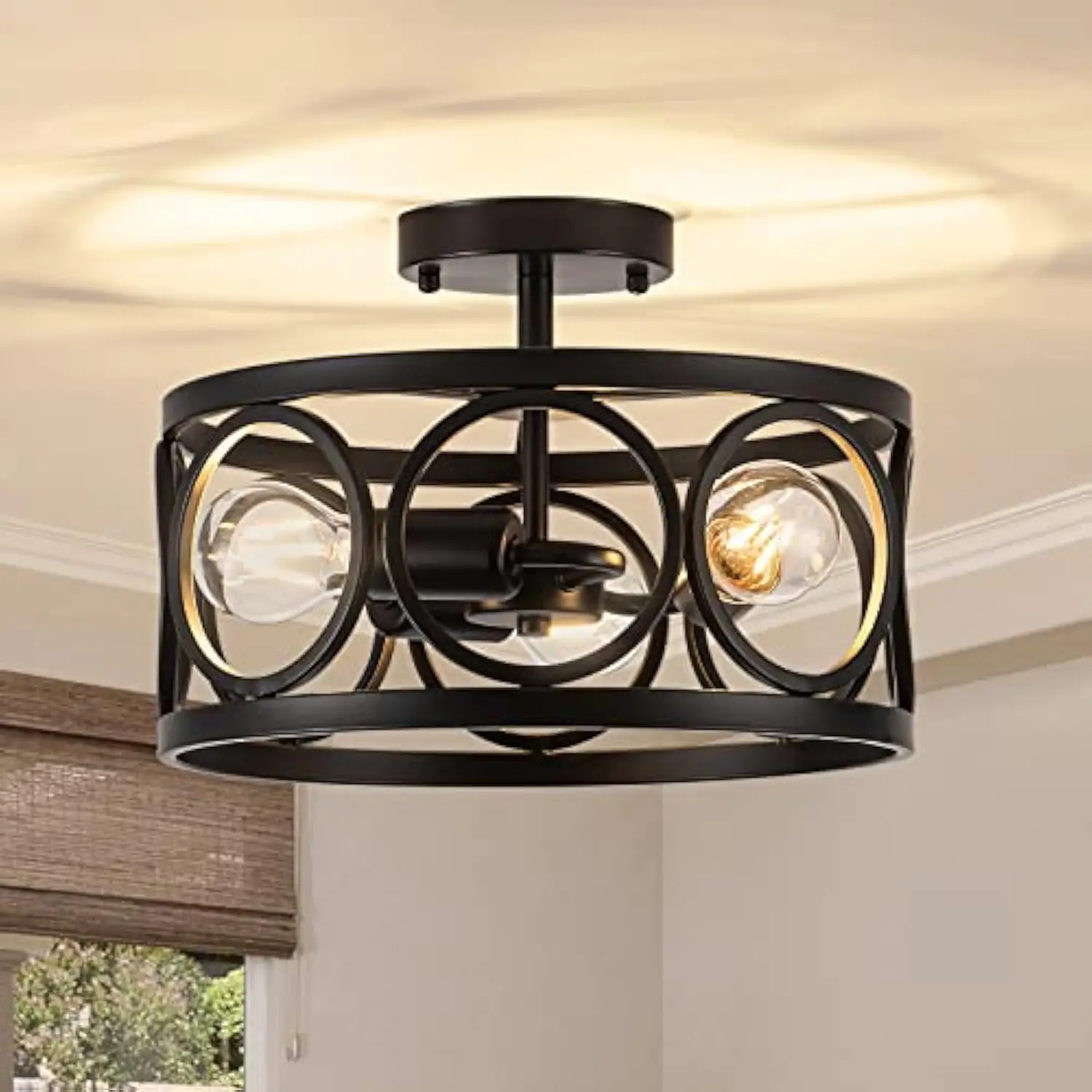 

3-Light Semi Flush Mount Ceiling, Black Farmhouse Chandeliers for Dining Room, 12.6'' Modern Drum Light Fixture Close to Ceilin