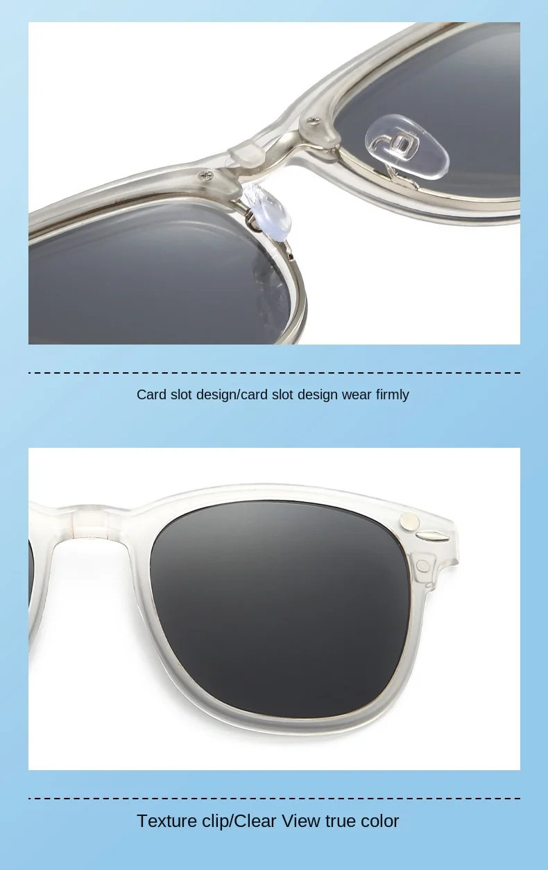 VCKA 6-in-1 Myopie-Polarisierte Sonnenbrille, transparenter grauer Rahmen, für Männer und Frauen, Clip-Magnetbrille, individuelle optische Brille, -0,5 bis -10 – Detail 9