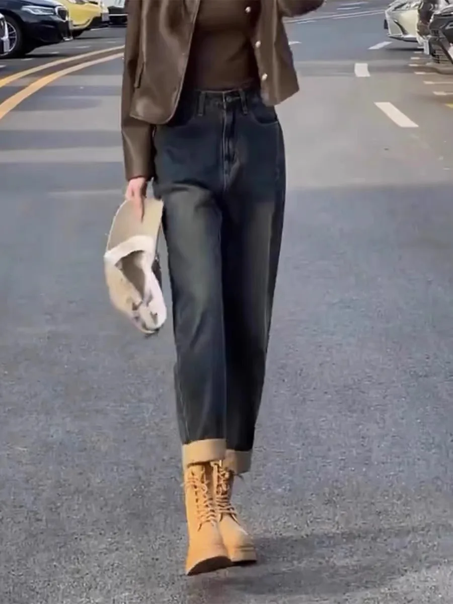 حجم كبير المرأة عالية الخصر فضفاضة تناسب الدينيم الجينز هارلان Sle الخريف Faion حجم كبير الدهون مم القطن تمتد الدينيم السراويل