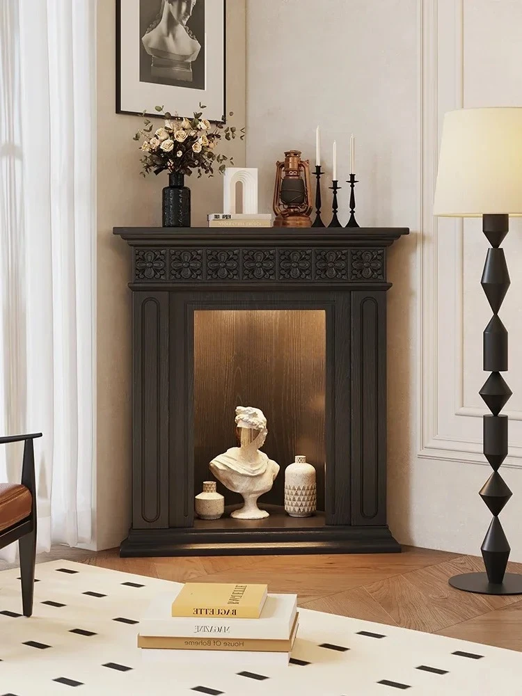 FG*Corner Fireplace Decorative Cabinet Solid Wood Right Angle Corner Display Cabinet French Carved Triangle Shelf