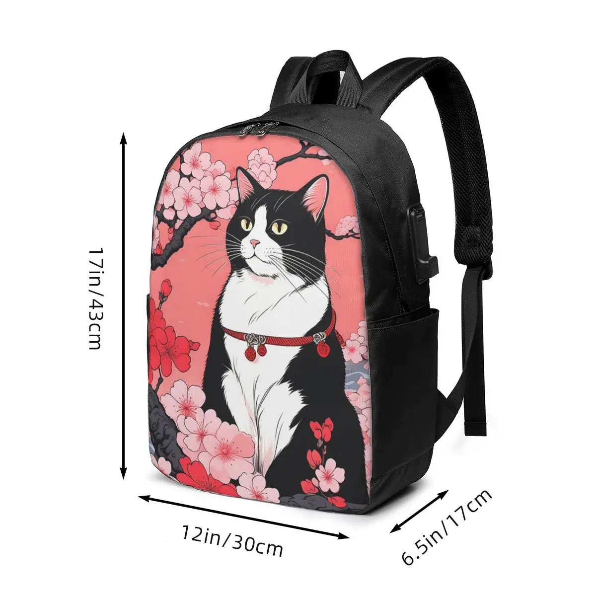 Ukiyo-E Style Cat And Cherry Blossom Backpack Travel Notebook Bag Computer College Student School Bag Laptop Shoulder Bags