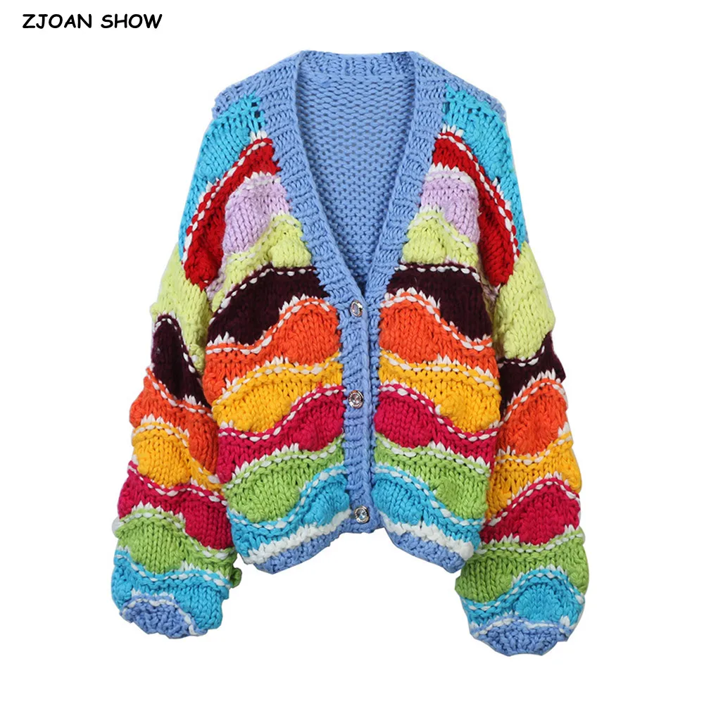 Sweet Blue Rainbow Striped Colored Hand Crochet Cardigan Woman V neck Lantern Sleeve Diamond Buttons Sweater Loose Jumper