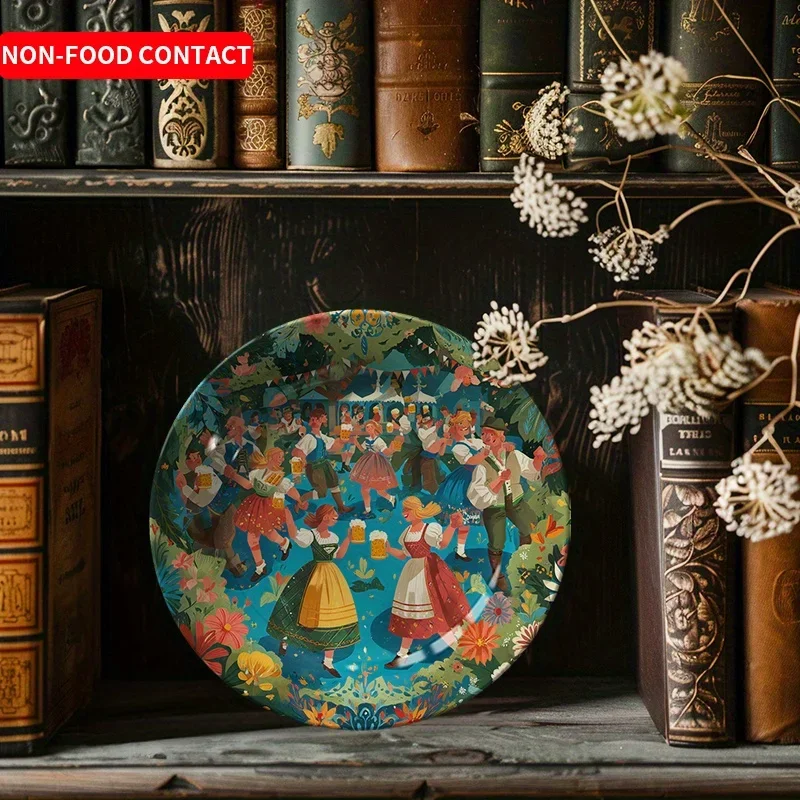 1pc European Vintage Ceramic Decorative Plate - Bavarian Beer Party Decoration with Dirndl Dancers, Non-Food Safe Tabletop or