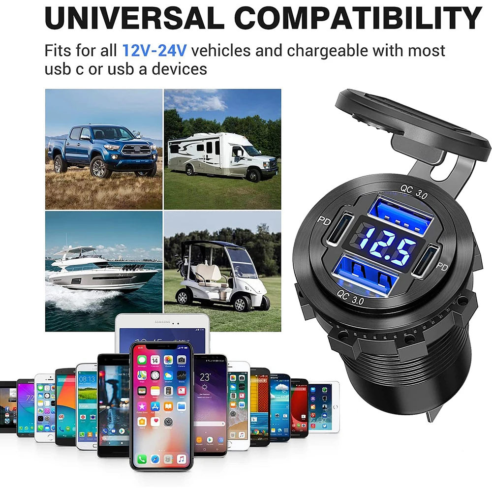 78W Dual PD QC3.0 Car Charger Socket Aluminum Waterproof USB Outlet with LED Voltmeter Switch for 12V-24V Car Boat Motorcycle