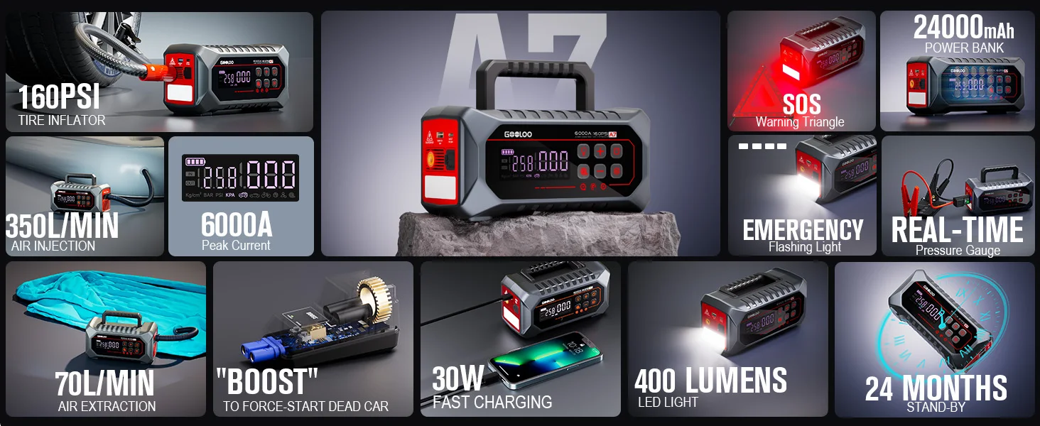 GOOLOO 24000mAh Tragbarer Starthilfe-Powerbank mit 160PSI Luftpumpe, 12V Auto-Booster für Benzin- und Diesel-Fahrzeuge, Batterie-Starter und Powerbank für Fahrzeugmotoren – Detail 2