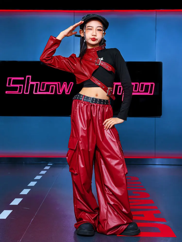 2026 New Kids Hip Hop Clothing Crop Top Wine Red Arm Sleeve Faux Leather Casual Cargo Pants For Girl Jazz Dance Costumes Clothes