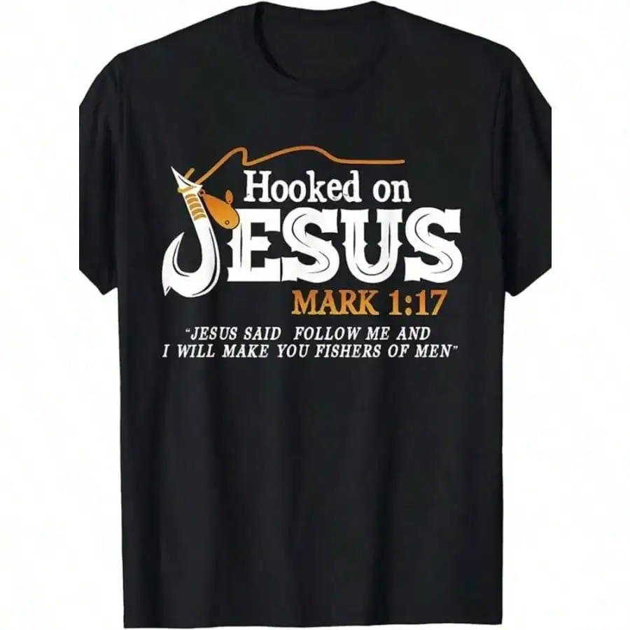 1pc Men'S 100% Cotton Christian Graphic T-Shirt - "Hooked on Jesus" & Mark 1:17 Scripture Print, Church Events, Gift Idea