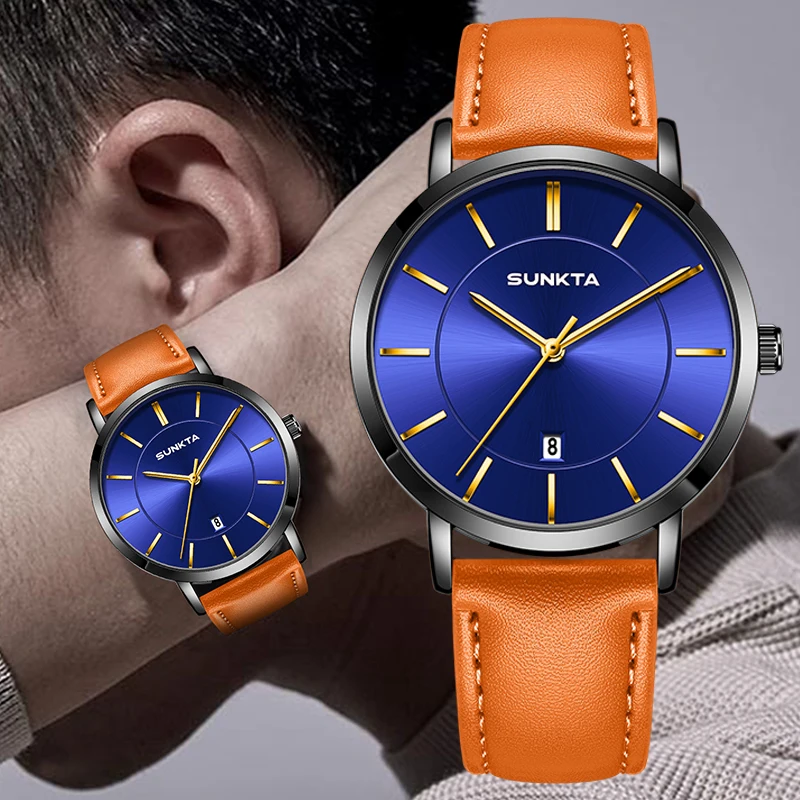 

SUNKTA 2026 simple Men's watches leather fashion clock calendar sports watch luxury quartz wristwatch watches for men reloj+box