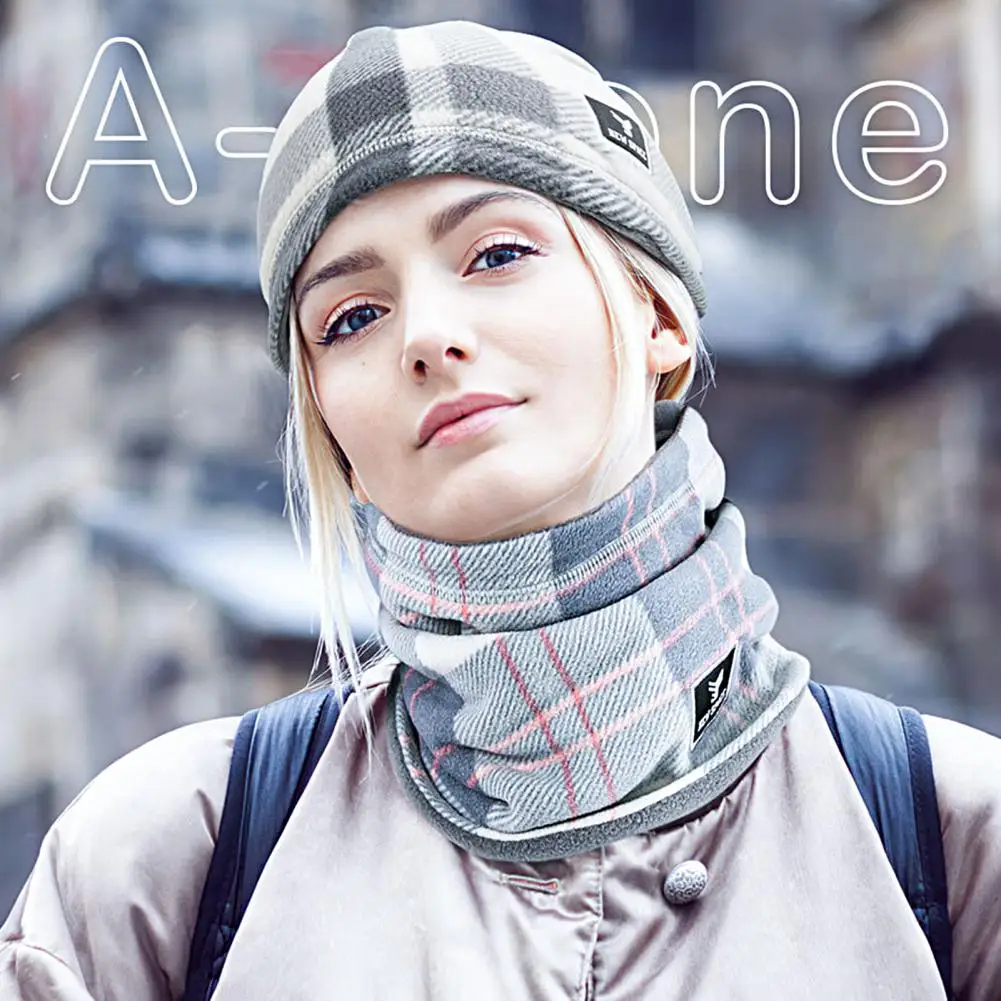 Unisex Cycling Face Cover Plush Lining Plaid Thicken Anti-static Drawstring Tube Scarf Headband Bandana For Cold Weather