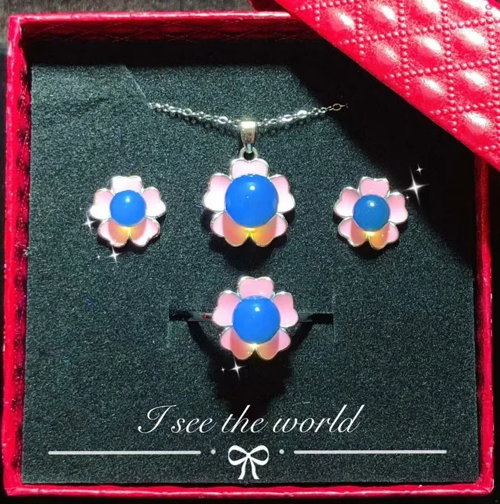 

Certificated 925 Silver Natural Mexican Blue Ambe Sakura Jewelry Set Pink Ceramic Cherry Earrings/Necklace/Ring Fine Jewellery