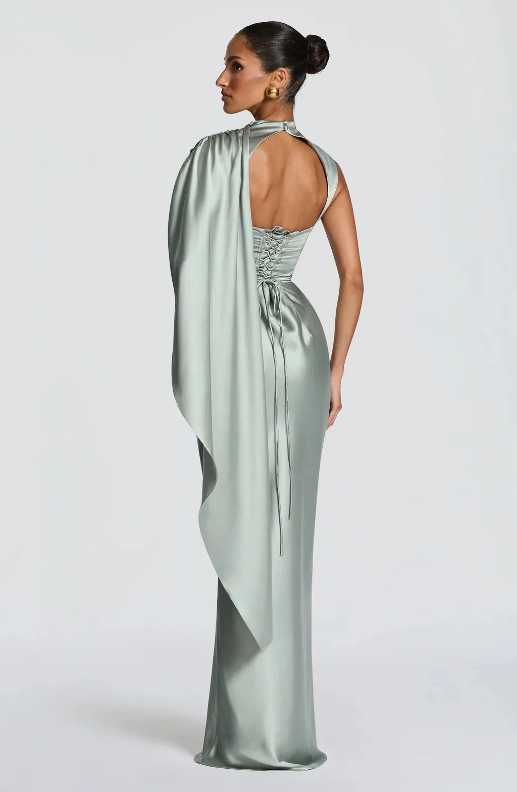 Women High Neck Satin Mermaid Evening Dress Cape Sleeve Draped Ruched Corset Lace‑Up Back Long Formal Bridesmaid Gown view 4