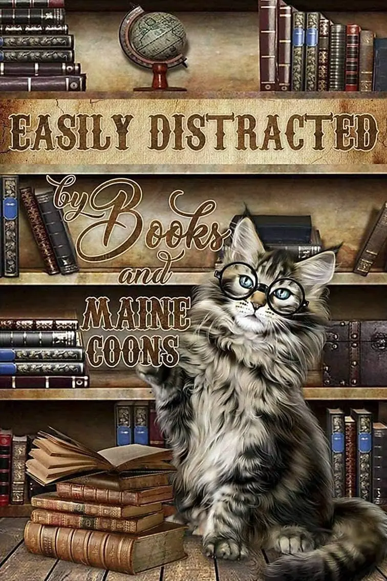 tuya Retro Maine Coon Cat Reading Metal Tin Sign Easily Distracted By Book And Maine Coons Poster Vintage Metal Plaque Wall Deco